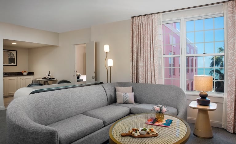 living room with grey sectional