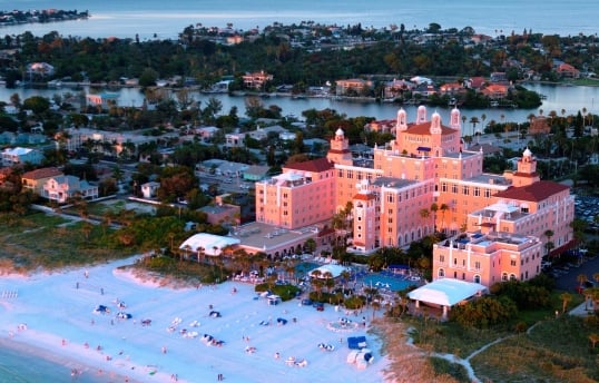 Beautiful aerial of the Don CeSar hotel and Beach House Resorts and the beach