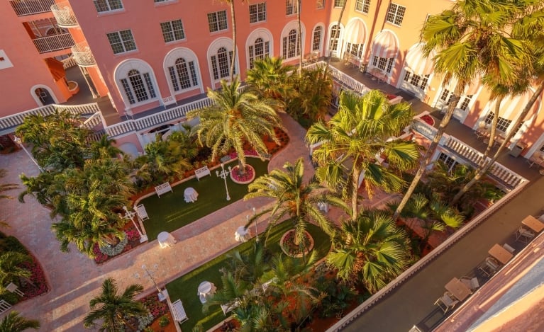 aerial of a courtyard set up for a reception