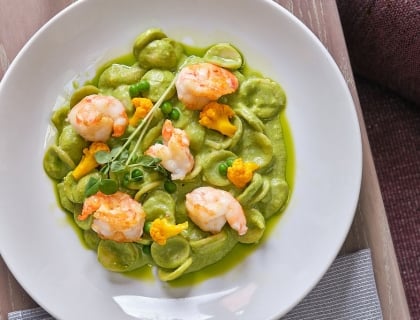 Shrimp dish in a white bowl