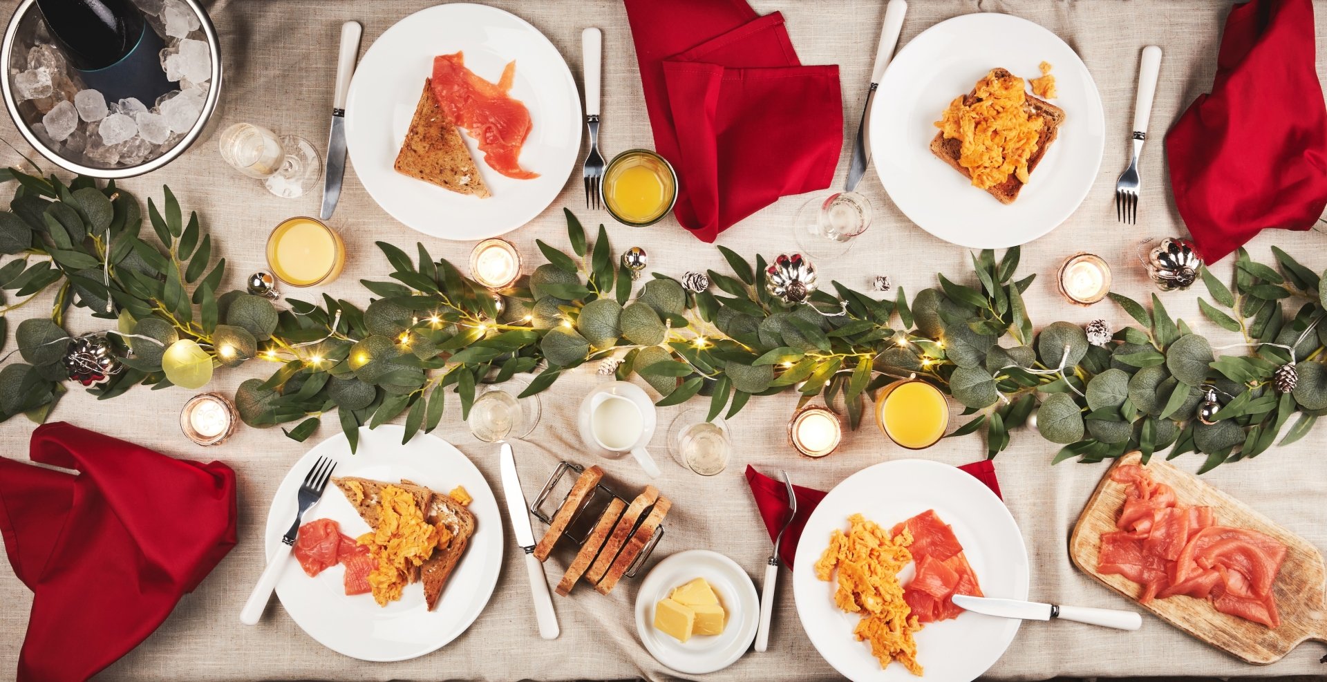 Holiday brunch spread shown from above