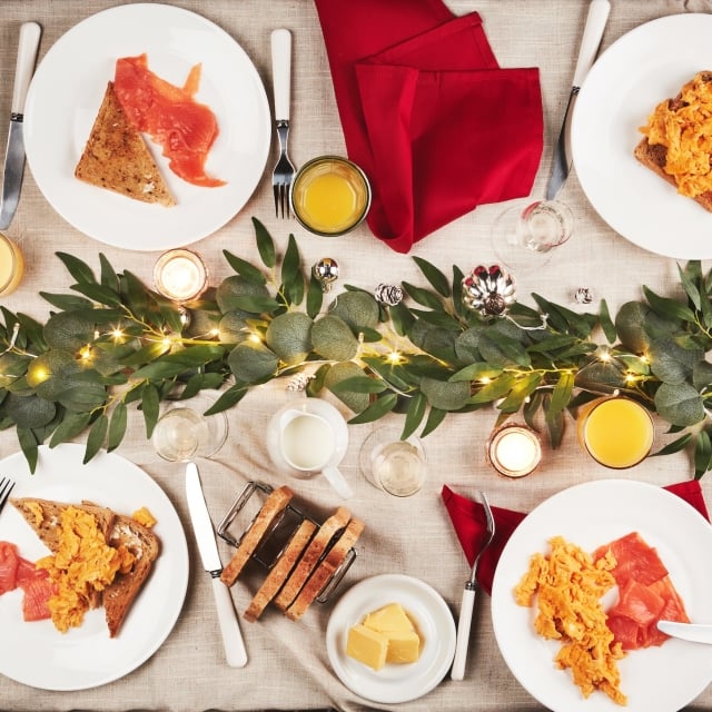 Holiday brunch spread shown from above