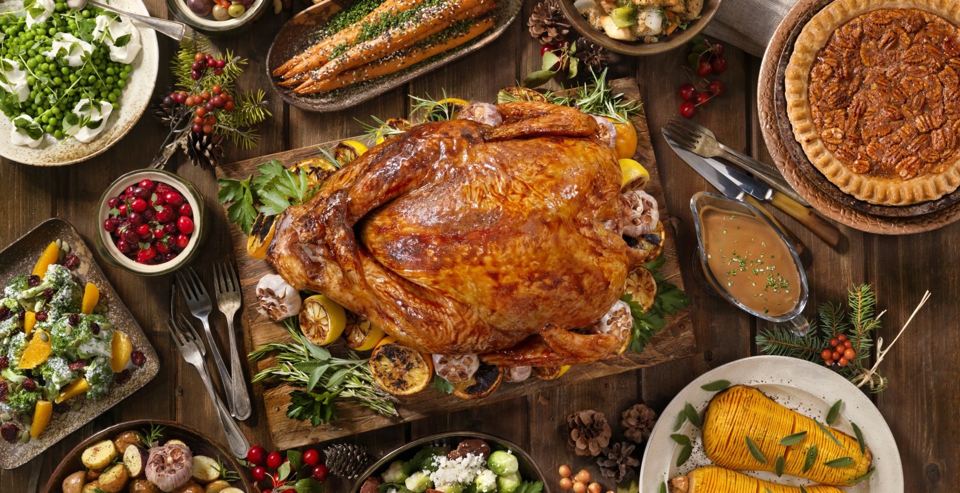 Thanksgiving spread shown from above