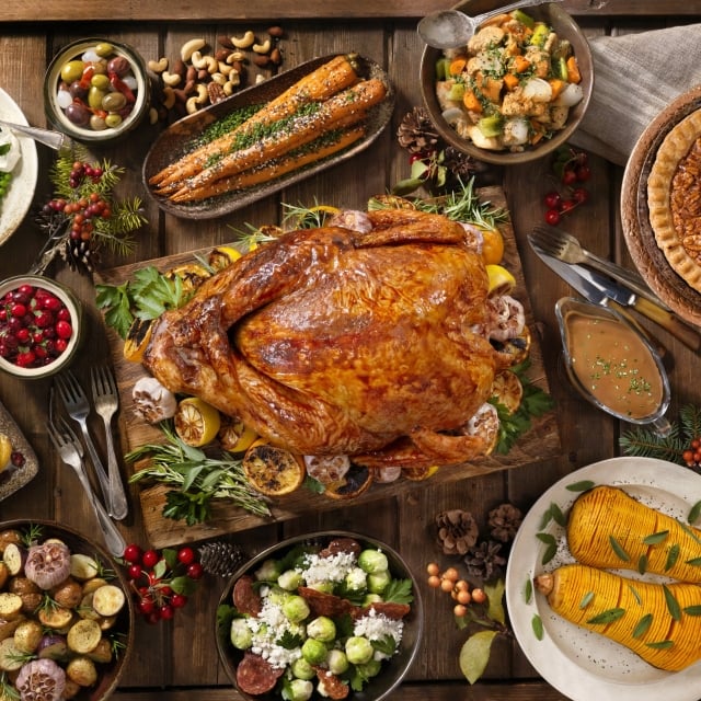 Thanksgiving spread shown from above