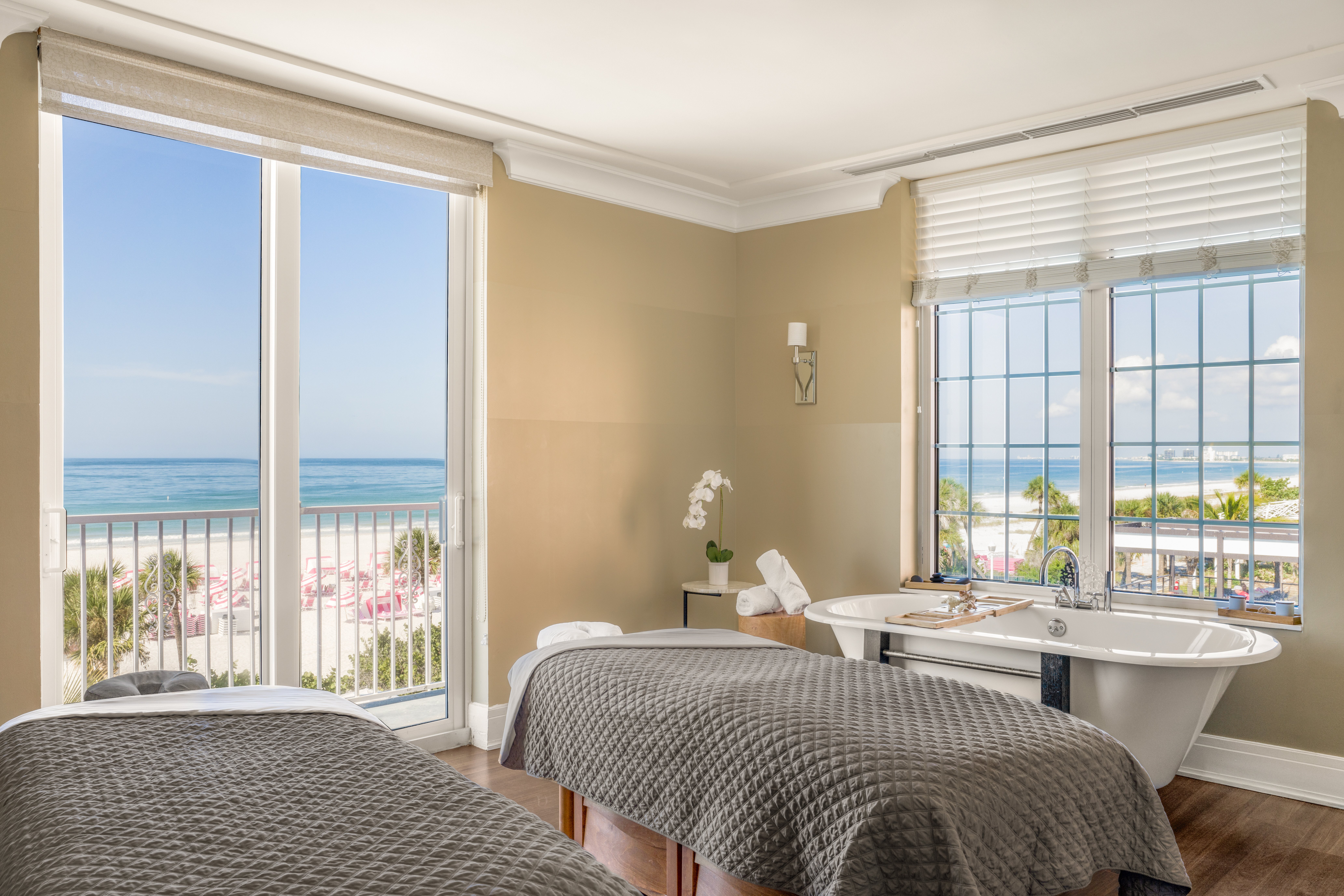 Clean, professional medical spa treatment room with neutral tones at Spa Oceana in St. Petersburg